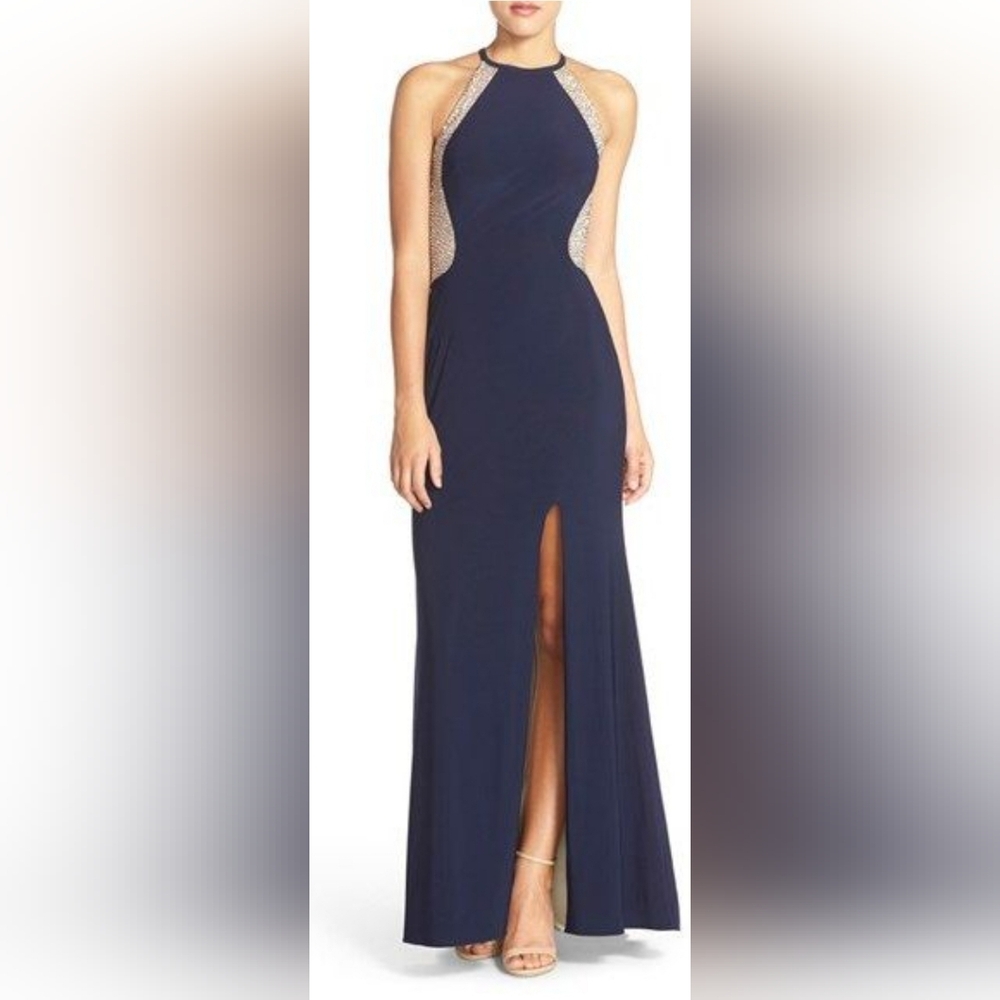 Beautiful Xcape Women's Beaded Mesh Jersey Maxi Ball Gown
